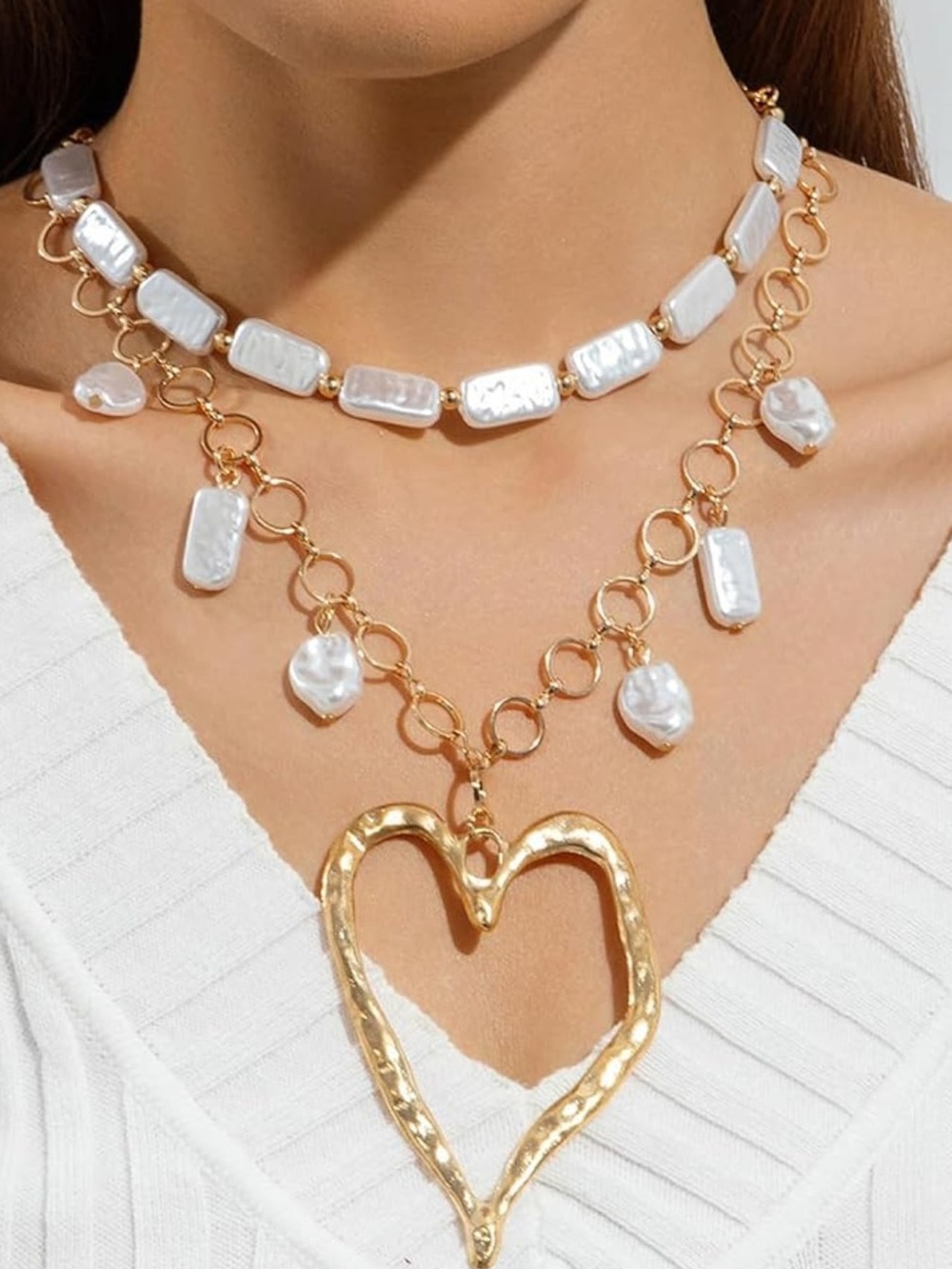 Anthropologie Gold and White Pearl Layered Heart Necklace